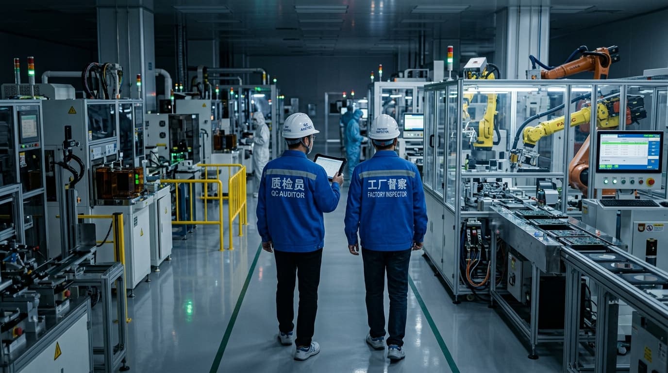Quality control auditor in blue uniform inspecting factory cleanroom in China