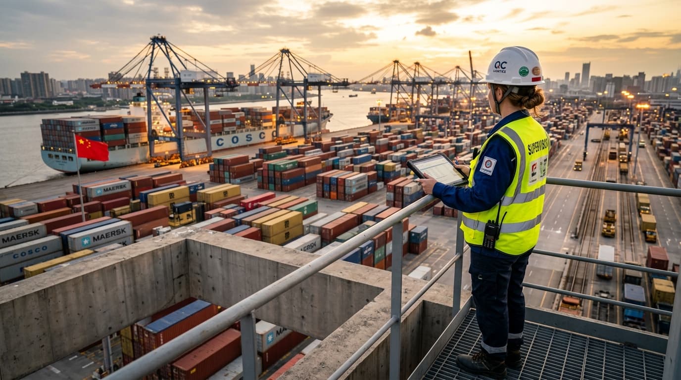 Logistics supervisor in yellow vest at China shipping terminal